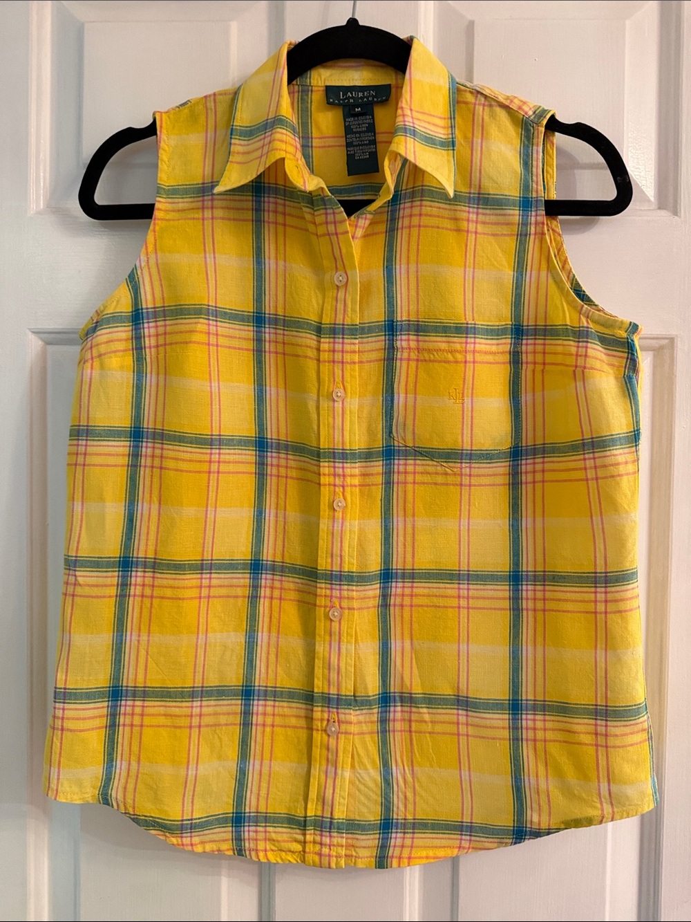 Lauren Ralph Lauren Yellow Plaid Sleeveless Collared Button-Up Top